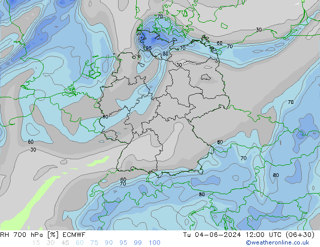 RH 700 hPa ECMWF Tu 04.06.2024 12 UTC