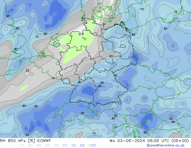 RH 850 hPa ECMWF 星期一 03.06.2024 06 UTC