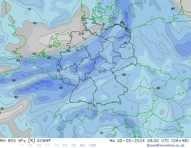 RH 850 hPa ECMWF Mi 05.06.2024 06 UTC