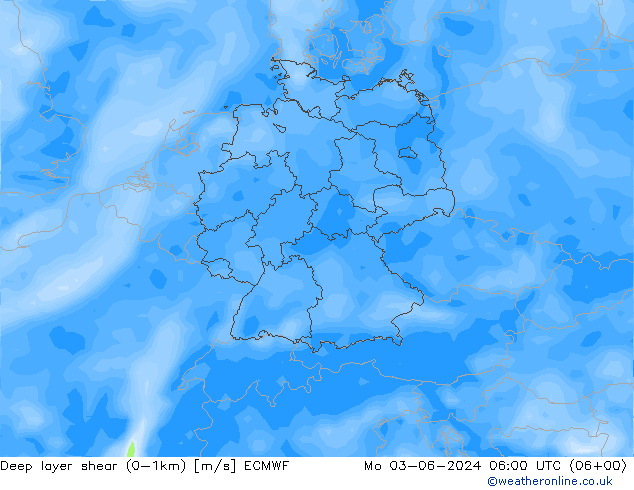 Deep layer shear (0-1km) ECMWF lun 03.06.2024 06 UTC