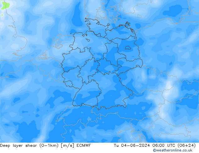 Deep layer shear (0-1km) ECMWF Di 04.06.2024 06 UTC