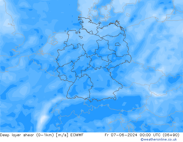 Deep layer shear (0-1km) ECMWF Fr 07.06.2024 00 UTC