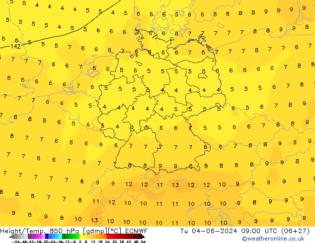 Yükseklik/Sıc. 850 hPa ECMWF Sa 04.06.2024 09 UTC