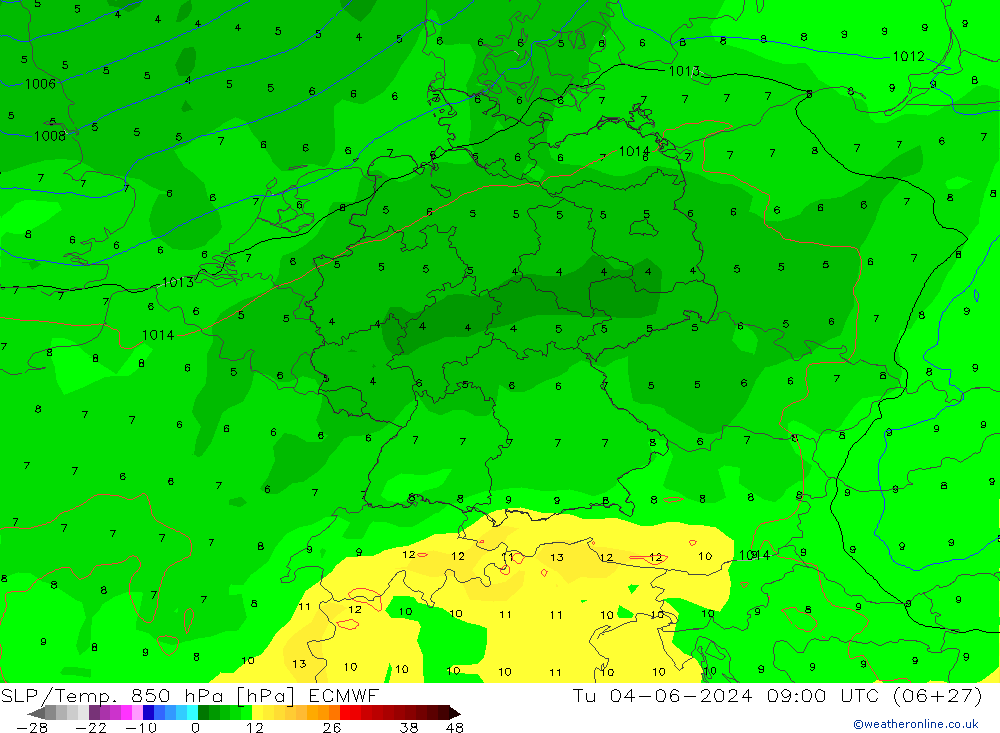 850 hPa Yer Bas./Sıc ECMWF Sa 04.06.2024 09 UTC