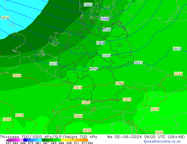 Espesor 700-1000 hPa ECMWF mié 05.06.2024 06 UTC