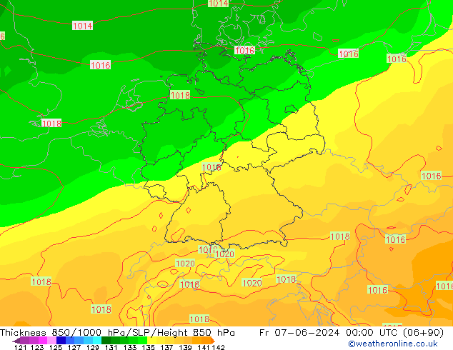 Dikte 850-1000 hPa ECMWF vr 07.06.2024 00 UTC