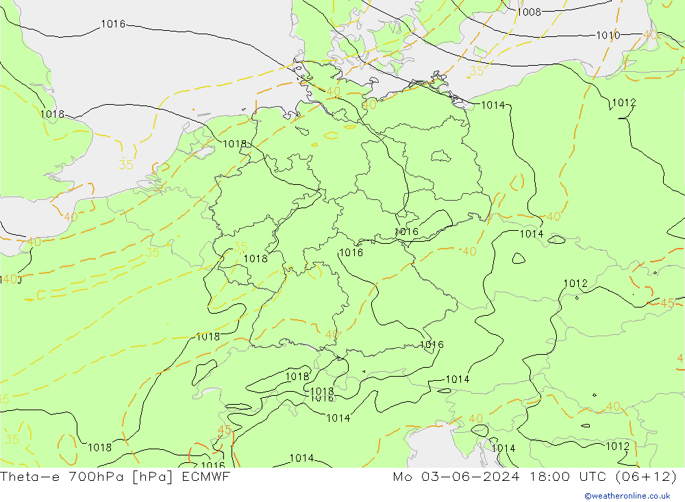 Theta-e 700hPa ECMWF Mo 03.06.2024 18 UTC