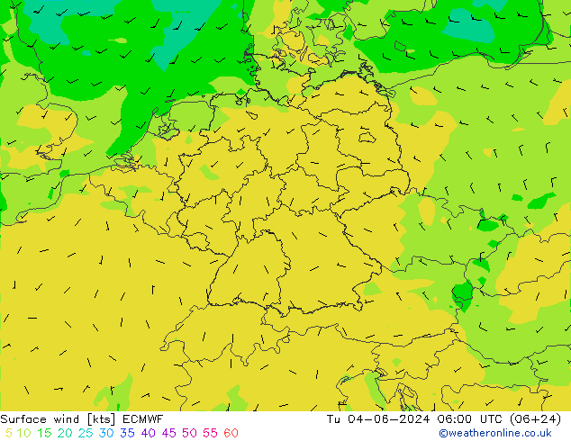 Surface wind ECMWF Tu 04.06.2024 06 UTC