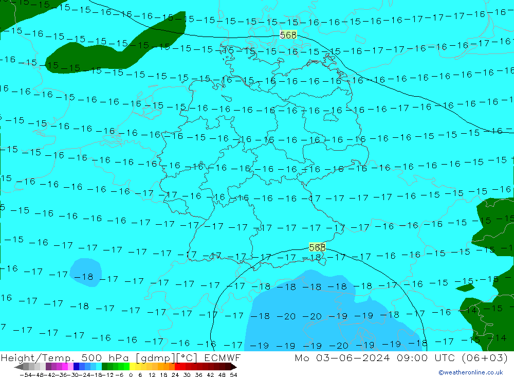 Height/Temp. 500 hPa ECMWF Mo 03.06.2024 09 UTC