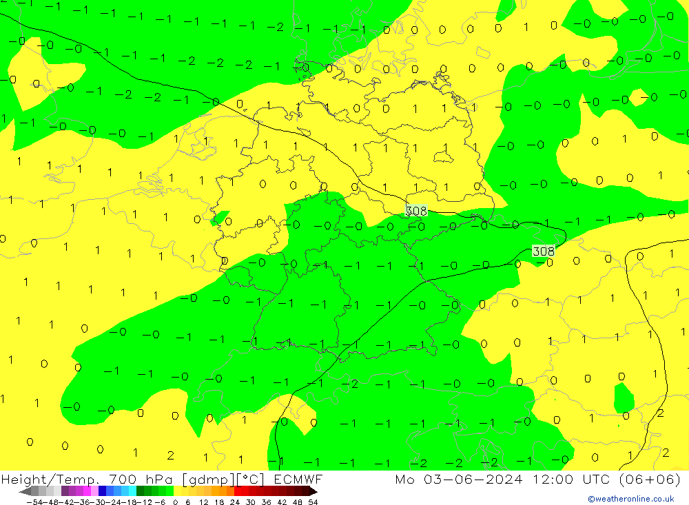 Height/Temp. 700 hPa ECMWF  03.06.2024 12 UTC