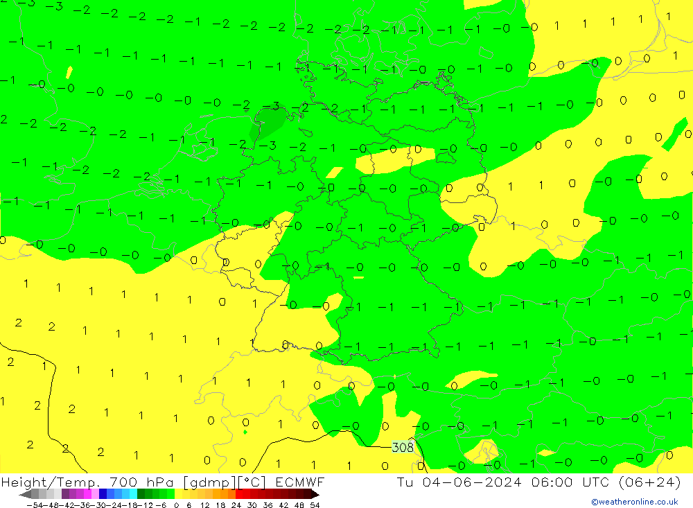 Height/Temp. 700 hPa ECMWF Tu 04.06.2024 06 UTC