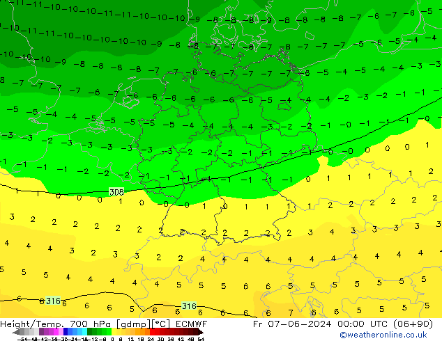 Height/Temp. 700 hPa ECMWF ven 07.06.2024 00 UTC