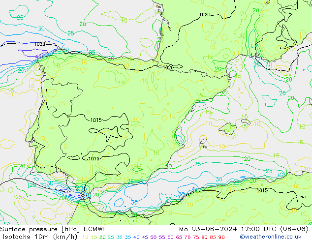 Isotachs (kph) ECMWF  03.06.2024 12 UTC