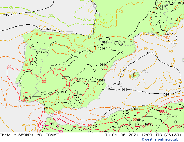 Theta-e 850hPa ECMWF Tu 04.06.2024 12 UTC