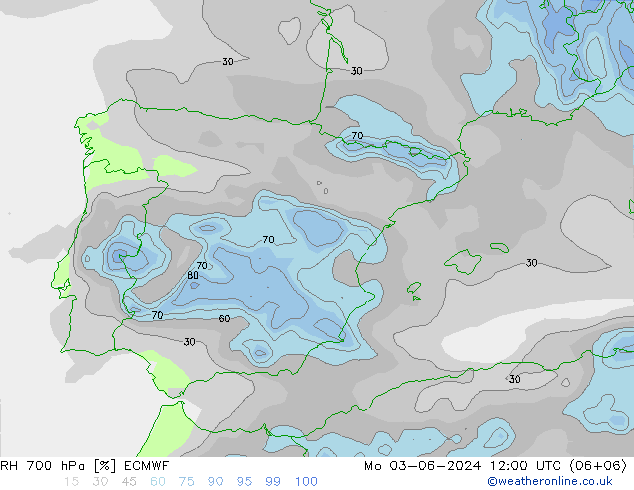 RH 700 hPa ECMWF lun 03.06.2024 12 UTC