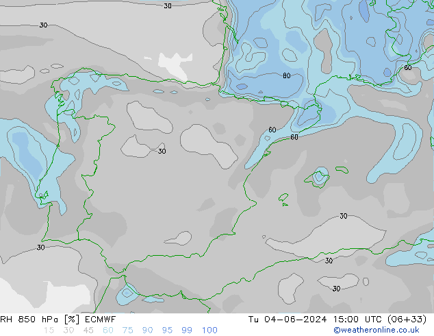 RH 850 hPa ECMWF Tu 04.06.2024 15 UTC