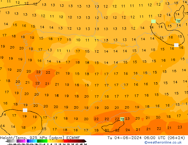 Height/Temp. 925 hPa ECMWF Tu 04.06.2024 06 UTC