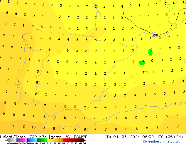 Height/Temp. 700 hPa ECMWF wto. 04.06.2024 06 UTC