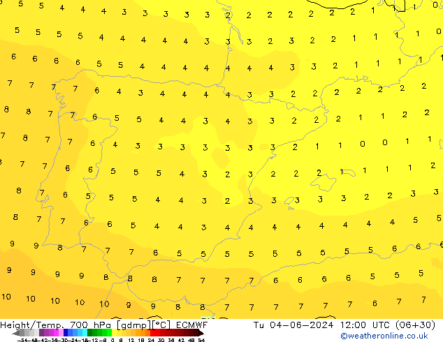 Height/Temp. 700 hPa ECMWF Tu 04.06.2024 12 UTC