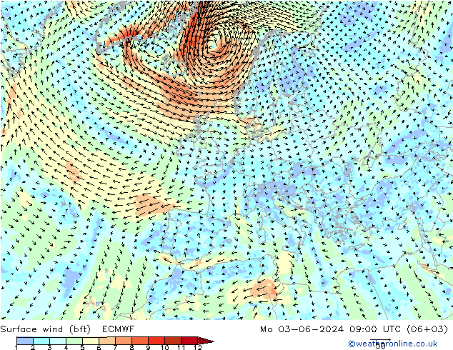 Rüzgar 10 m (bft) ECMWF Pzt 03.06.2024 09 UTC