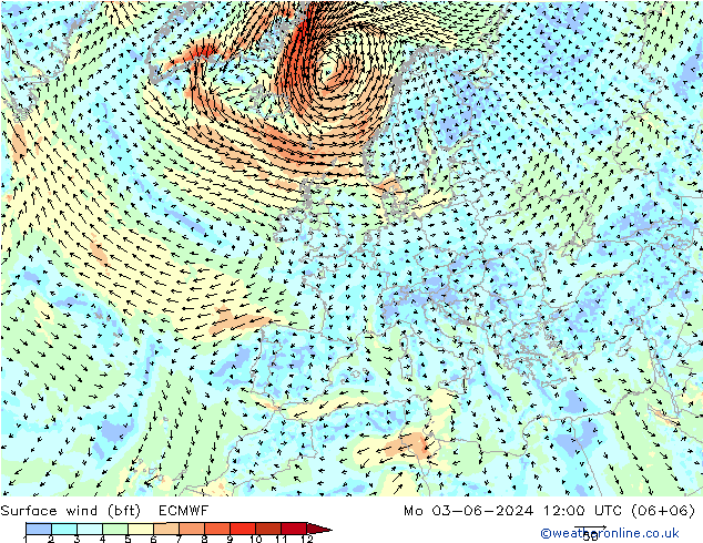 Surface wind (bft) ECMWF Mo 03.06.2024 12 UTC