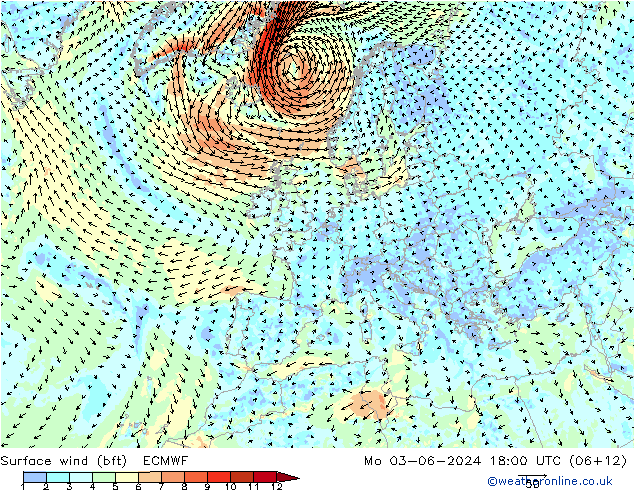 Vento 10 m (bft) ECMWF lun 03.06.2024 18 UTC