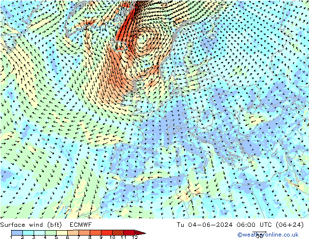 Surface wind (bft) ECMWF Út 04.06.2024 06 UTC