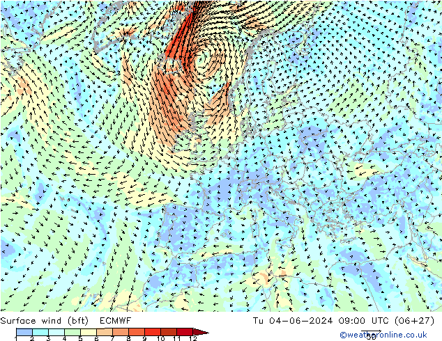 Vento 10 m (bft) ECMWF Ter 04.06.2024 09 UTC