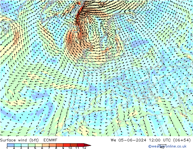 Vento 10 m (bft) ECMWF Qua 05.06.2024 12 UTC