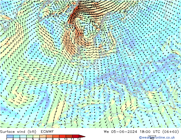 Surface wind (bft) ECMWF We 05.06.2024 18 UTC