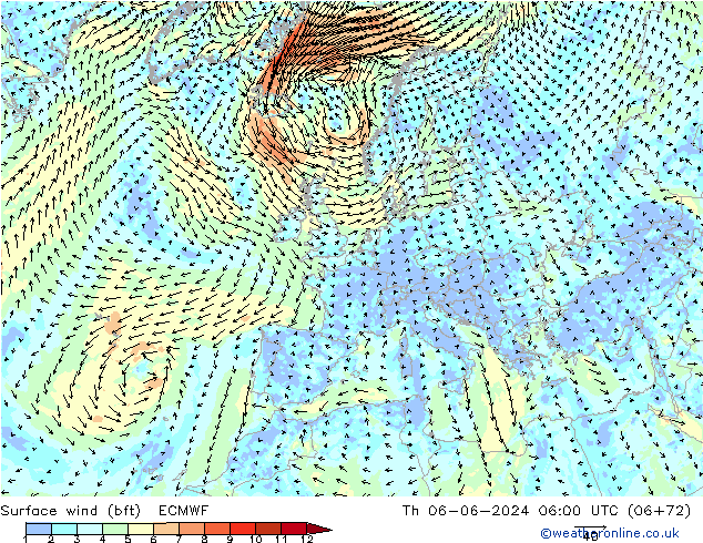 Surface wind (bft) ECMWF Th 06.06.2024 06 UTC