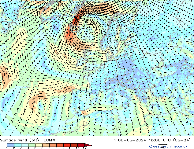 Bodenwind (bft) ECMWF Do 06.06.2024 18 UTC