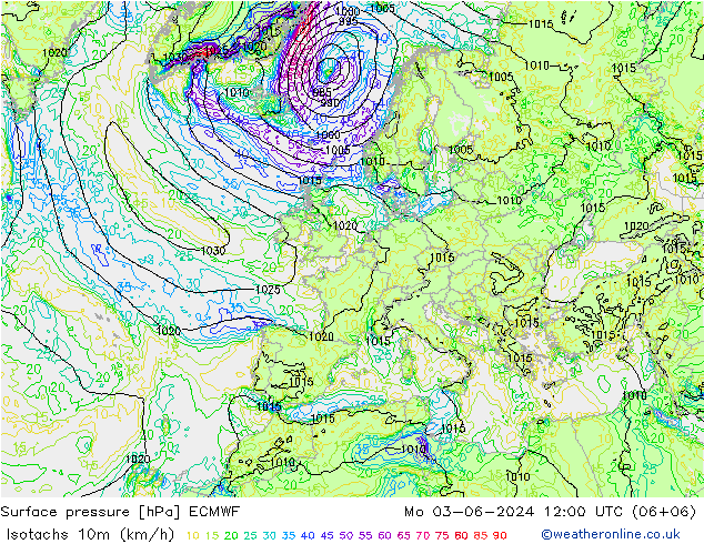 Izotacha (km/godz) ECMWF pon. 03.06.2024 12 UTC