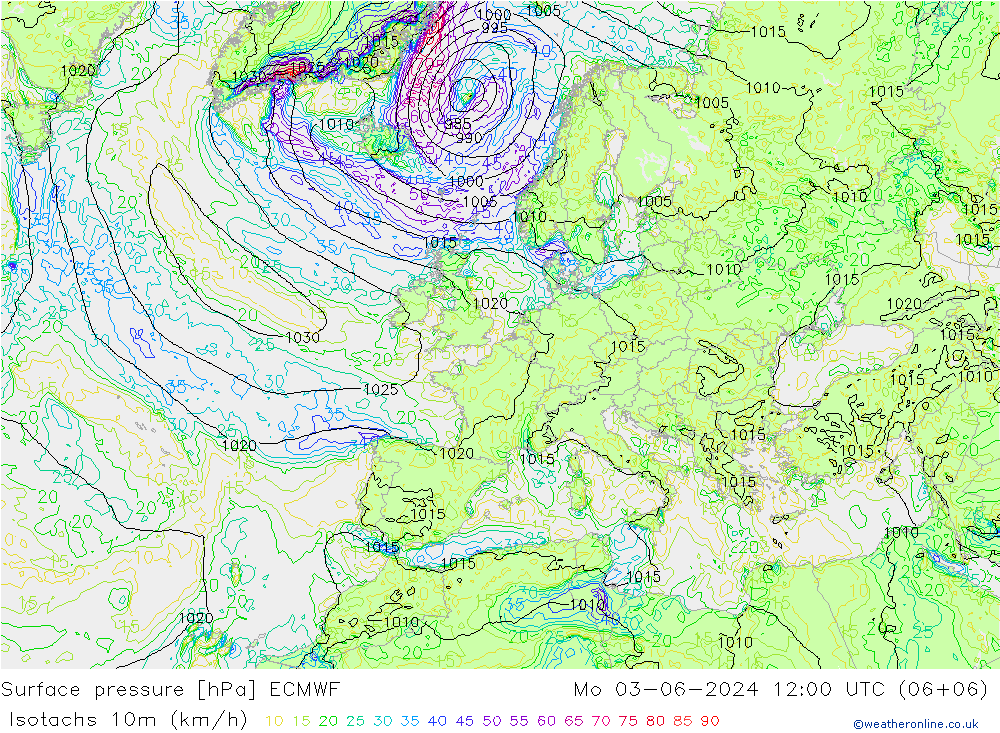 Izotacha (km/godz) ECMWF pon. 03.06.2024 12 UTC