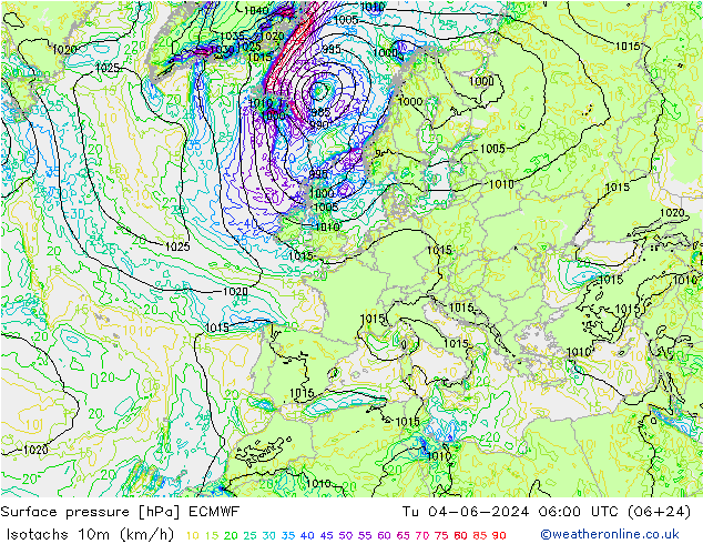 Isotachs (kph) ECMWF  04.06.2024 06 UTC