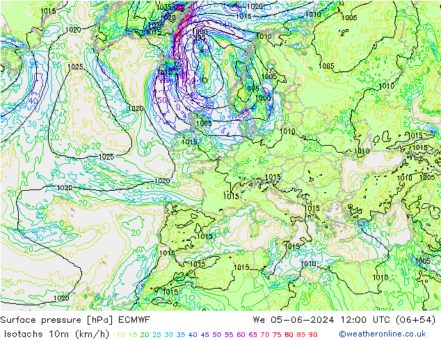 Izotacha (km/godz) ECMWF śro. 05.06.2024 12 UTC