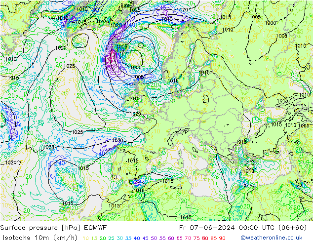 Eşrüzgar Hızları (km/sa) ECMWF Cu 07.06.2024 00 UTC