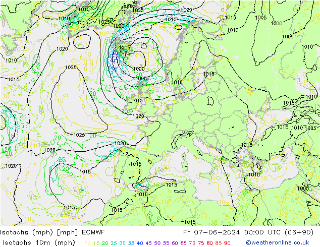 Isotachen (mph) ECMWF Fr 07.06.2024 00 UTC