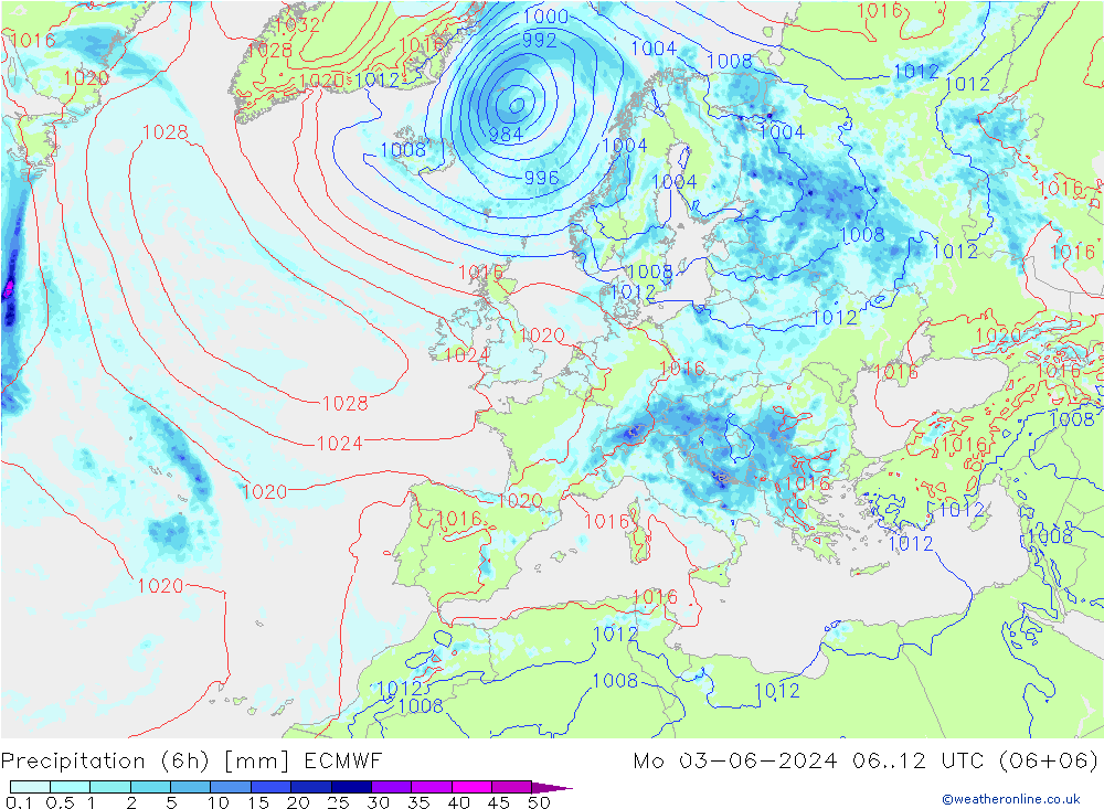 Z500/Rain (+SLP)/Z850 ECMWF Mo 03.06.2024 12 UTC