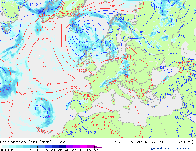 Totale neerslag (6h) ECMWF vr 07.06.2024 00 UTC