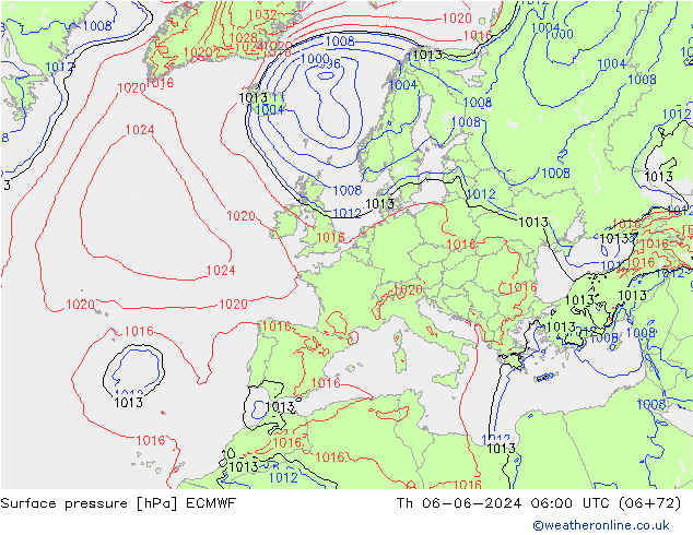 Presión superficial ECMWF jue 06.06.2024 06 UTC