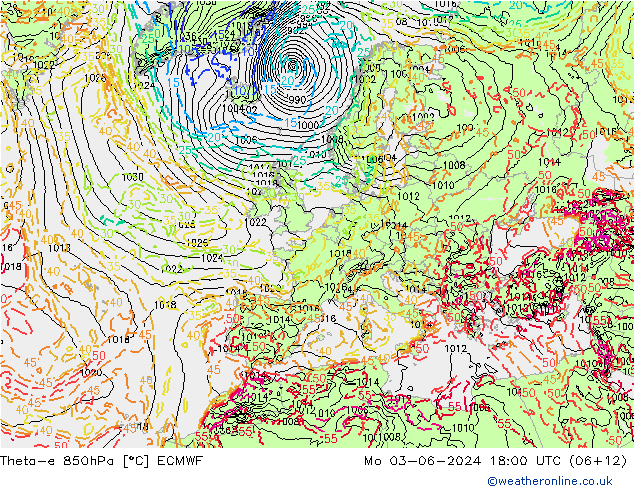 Theta-e 850hPa ECMWF Mo 03.06.2024 18 UTC