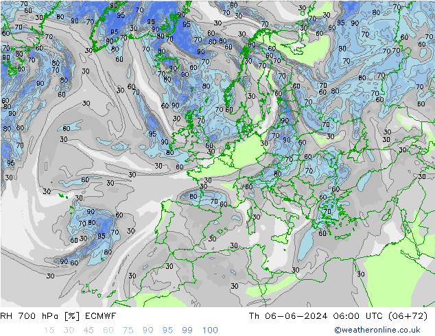 RH 700 hPa ECMWF Qui 06.06.2024 06 UTC