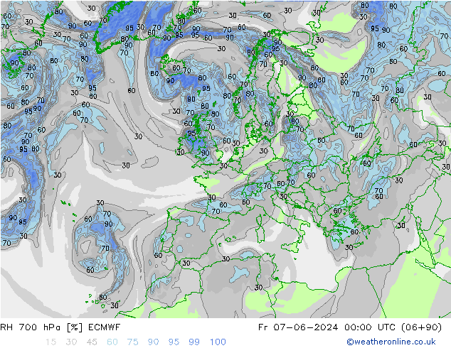 Humidité rel. 700 hPa ECMWF ven 07.06.2024 00 UTC