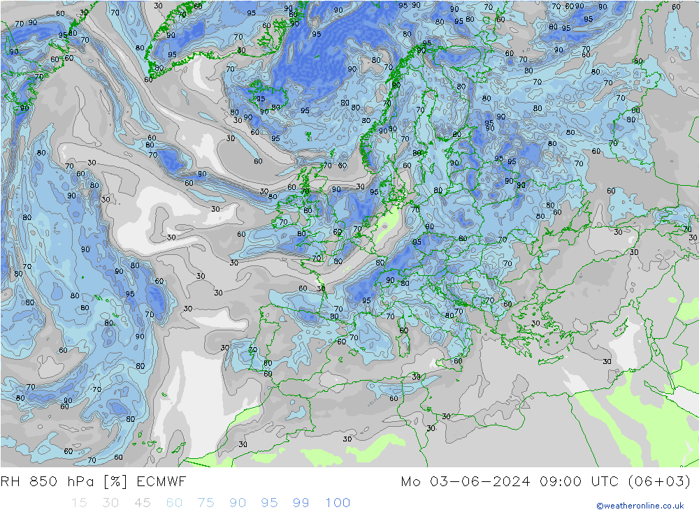 RH 850 hPa ECMWF Mo 03.06.2024 09 UTC