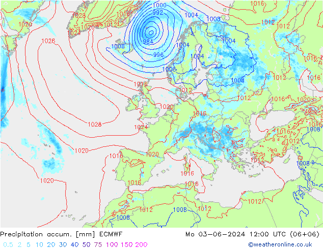 Precipitation accum. ECMWF lun 03.06.2024 12 UTC