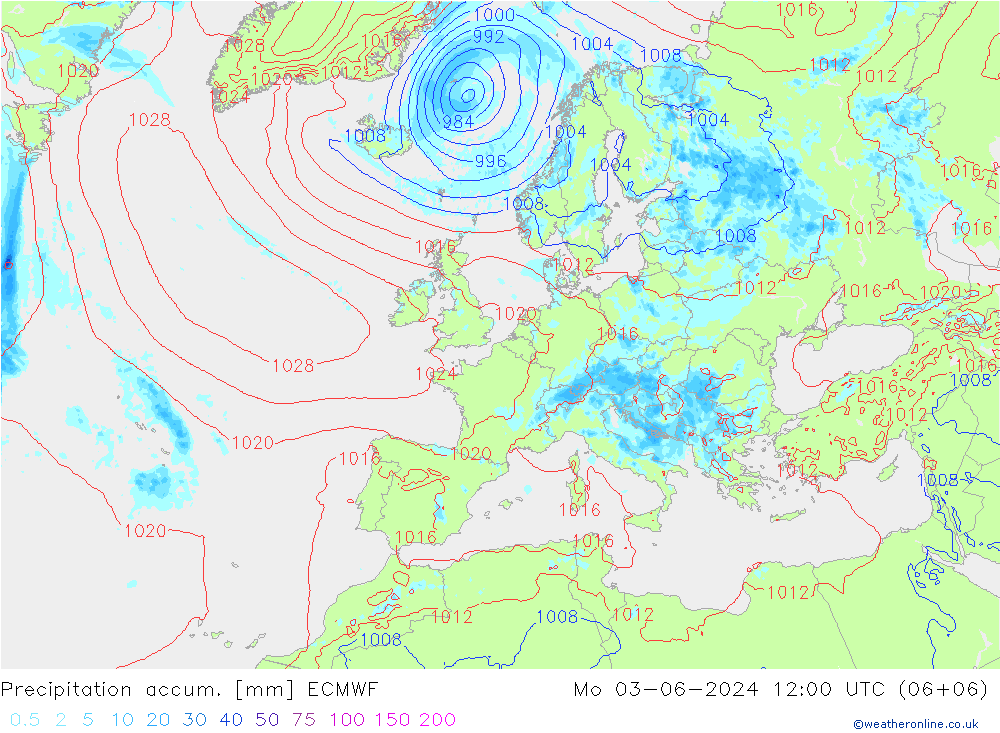 Precipitation accum. ECMWF lun 03.06.2024 12 UTC