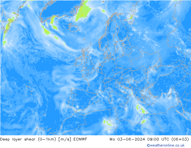 Deep layer shear (0-1km) ECMWF ma 03.06.2024 09 UTC
