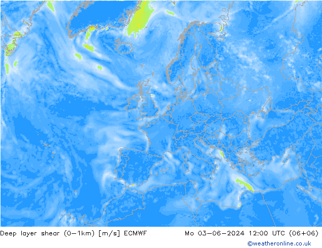 Deep layer shear (0-1km) ECMWF Mo 03.06.2024 12 UTC