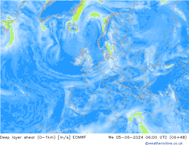 Deep layer shear (0-1km) ECMWF Mi 05.06.2024 06 UTC